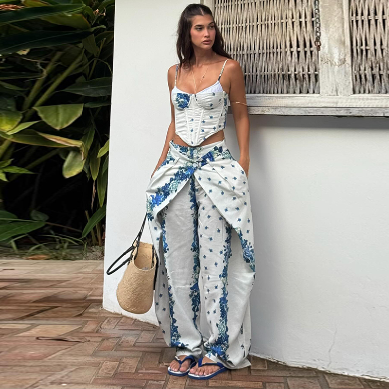 Romper Floral Print - Seksi Baskılı Yelek Pantolon Kadın Takım