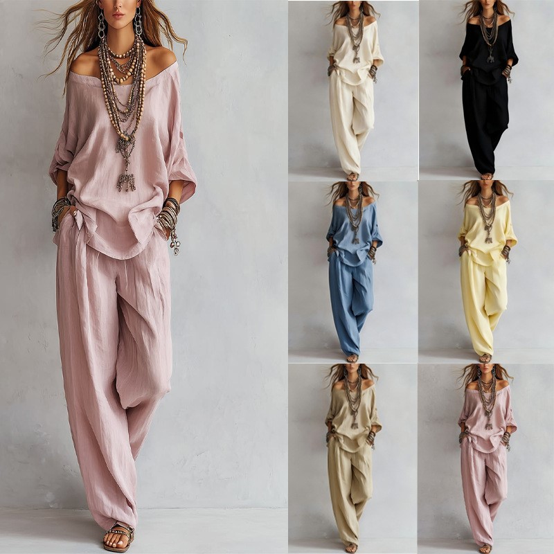 Linen Pant Wide - Kadın İki Parçalı Üç Çeyrek Kol
