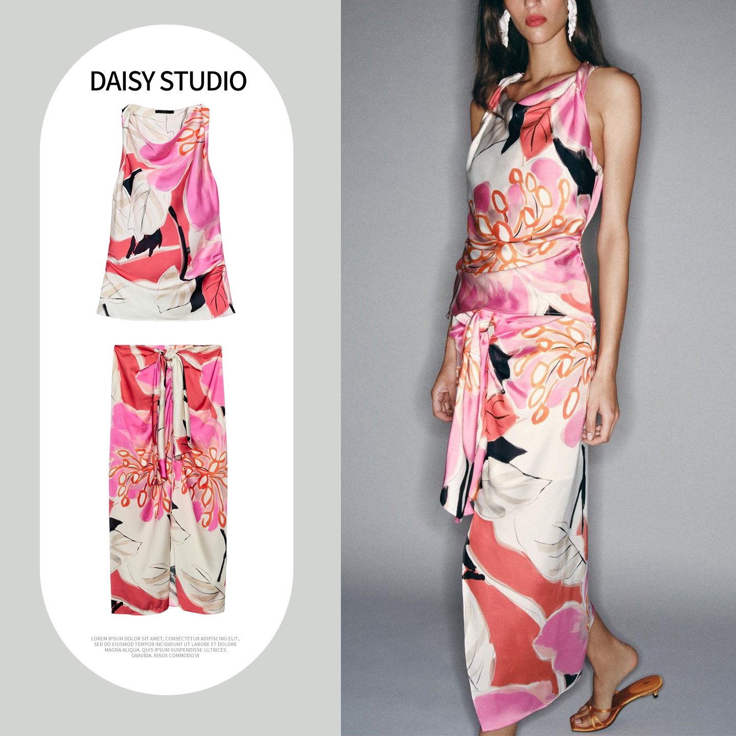 Midi Skirt Floral - Yüksek Bel Midi Etek, Yuvarlak Yaka