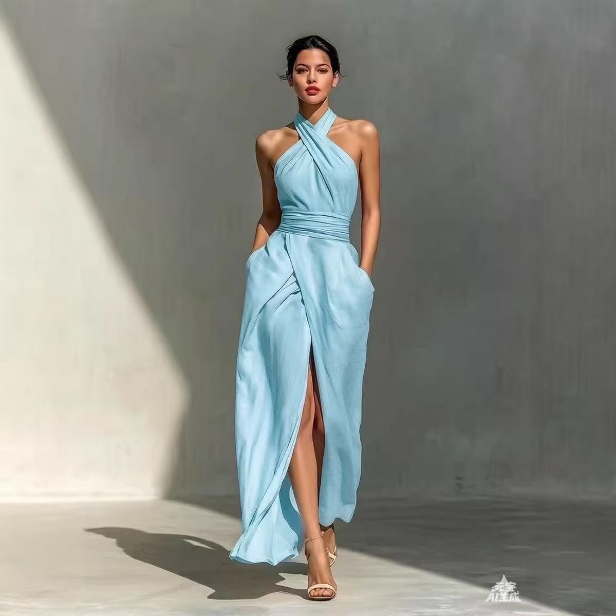 Maxi Dress Halter - Şık, Düz Renkli, Önü Yırtmaçlı, Bohem