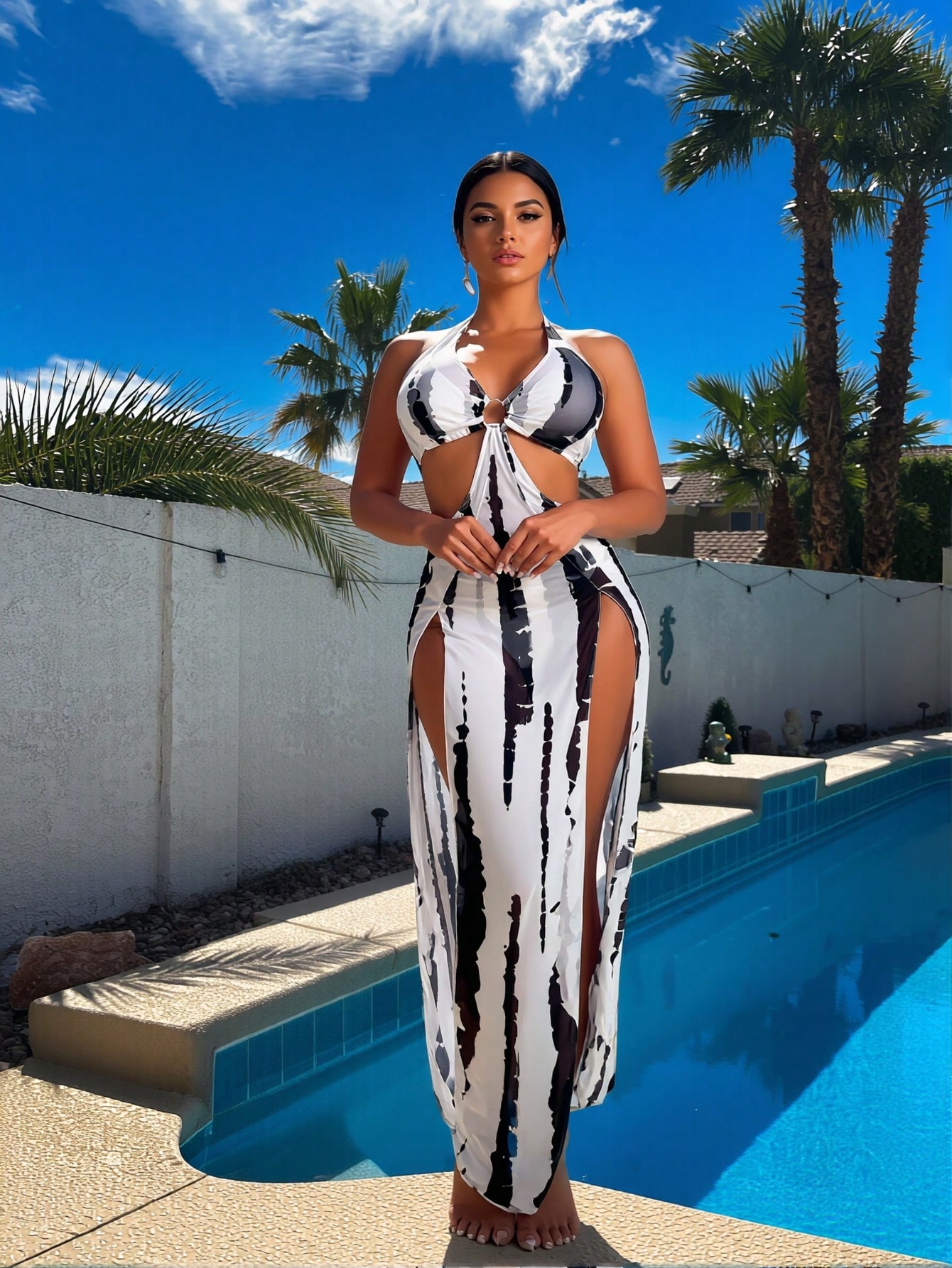 Maxi Dress Halter - Yeni Siyah Beyaz Tie Dye 3